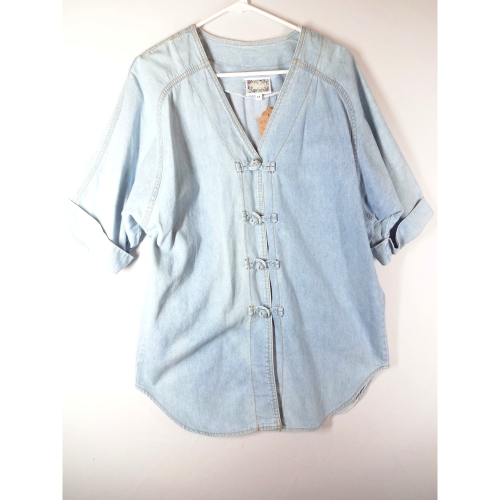 VTG 90s Monique Fashions Denim Shirt Women 14 Light Blue Frog Toggle Boho